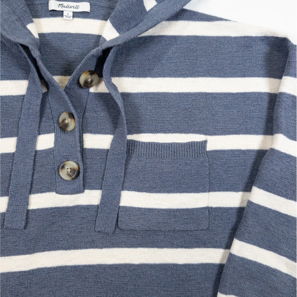 Madewell Henley Hoodie Women S Blue Oversized Coastal Preppy Nautical Cabin Cozy - Picture 11 of 15